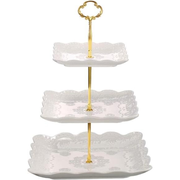 3 Tier Porcelain Cupcake Stand, Tiered Serving Cake Stand, Square White Embossed - Picture 7 of 7